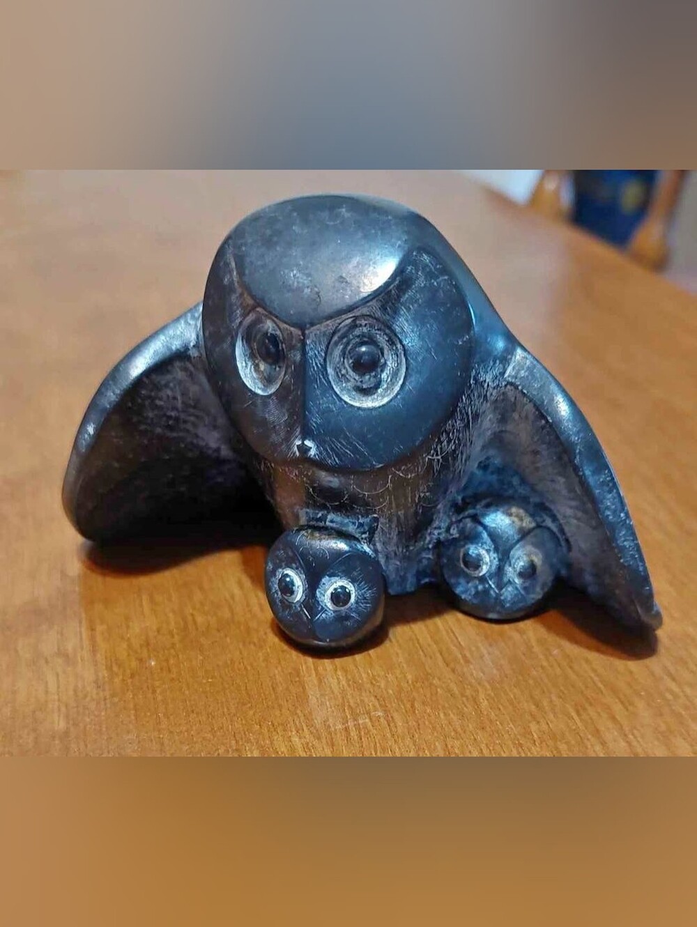 2/60$ Vintage Black Owl Family Sculpture - Matte Black Stone Look